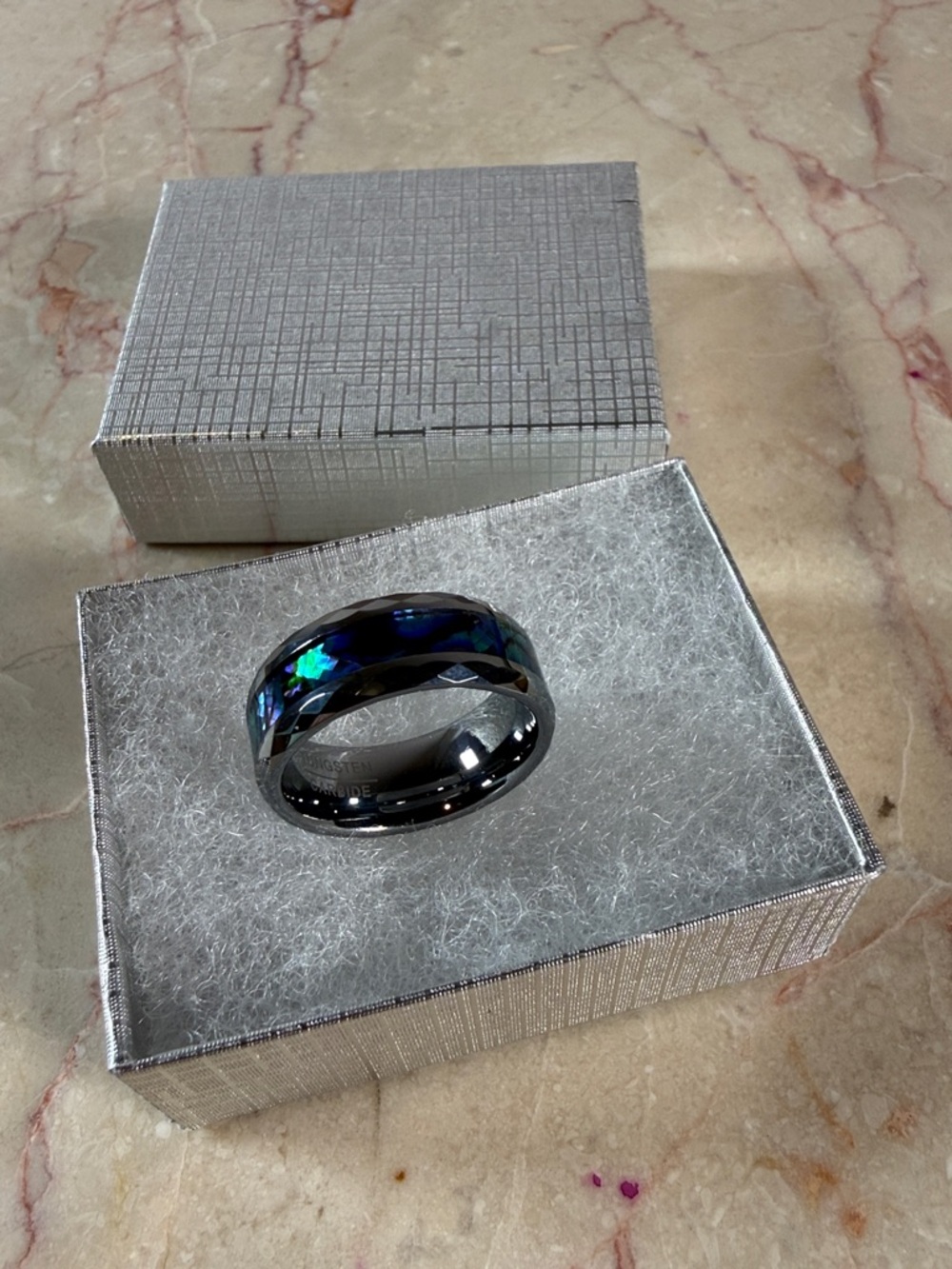Tungsten Ring with Blue-Green Abalone Inlay, Size 7.75” - Picture 6 of 6
